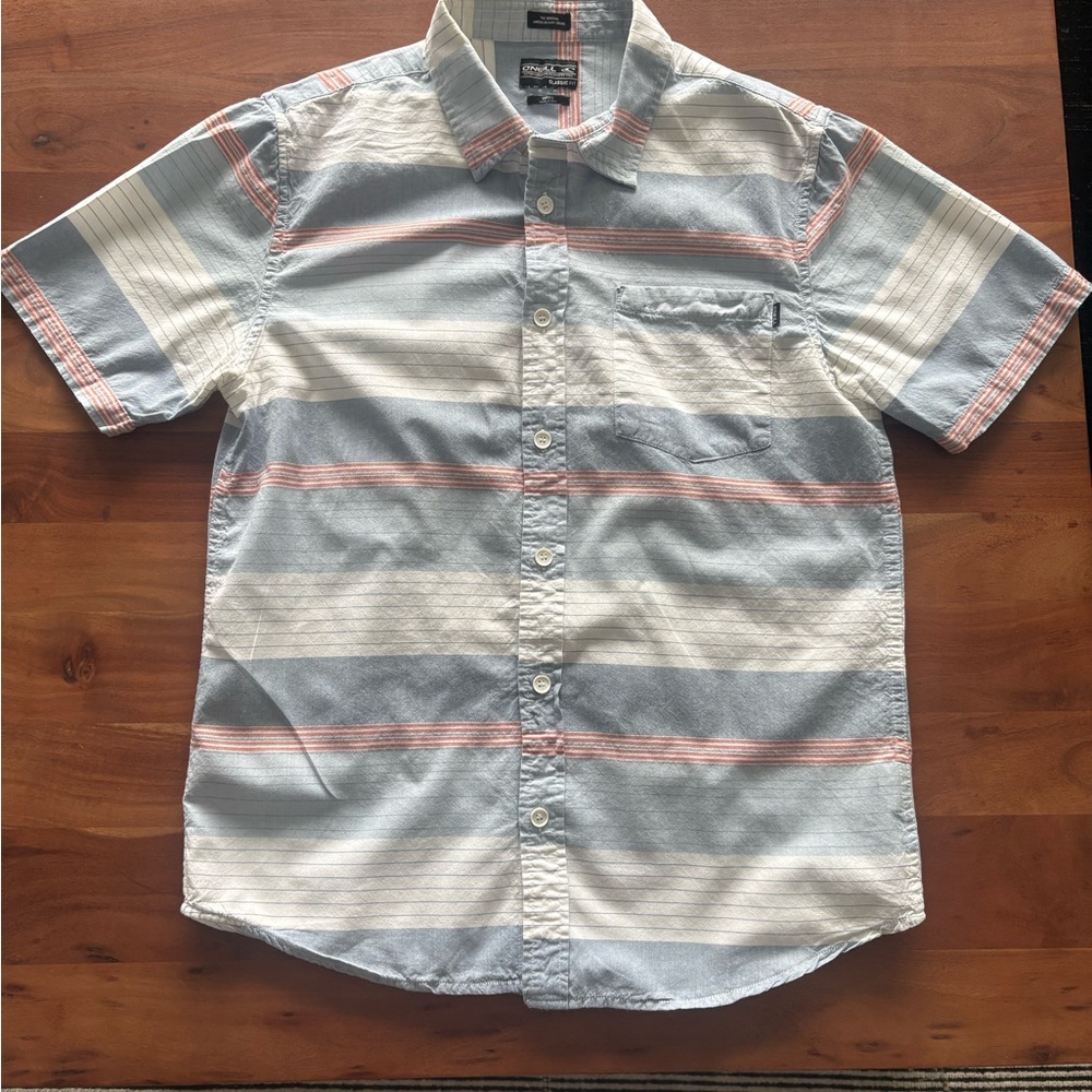O'Neill Men's Blue, White, and Red Striped Button Down Shirt